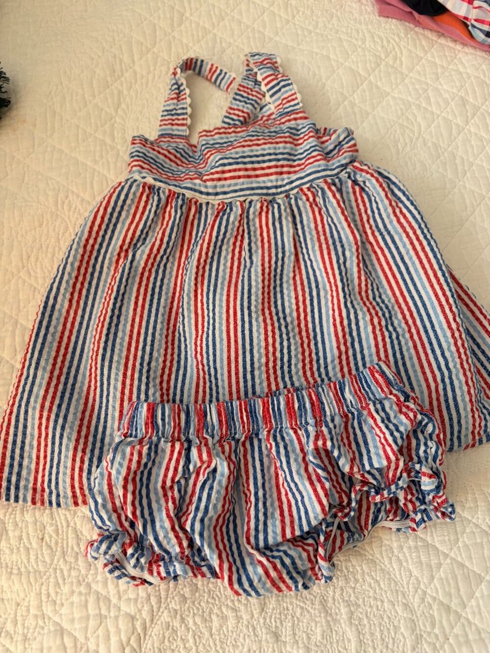 AdventureWear 360 Red White & Blue Stripe Seersucker Dress w/ Bloomers, Size 12M